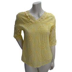 Pale yellow Blouse Eyelet Crochet Lace‎ Boho Coastal Grandmother Womens Medium